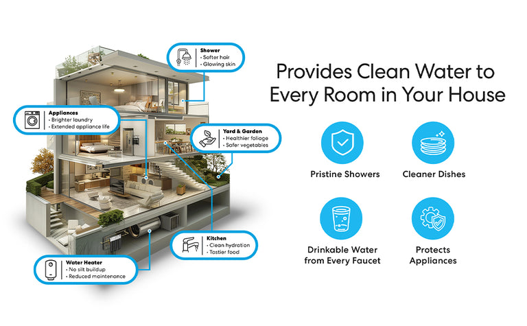 Illustration of a modern house highlighting benefits of whole-house water filtration: softer hair and glowing skin from showers, brighter laundry and extended appliance life, no silt buildup in water heater, cleaner hydration and tastier food in kitchen, healthier foliage and safer vegetables in yard and garden. Text highlights pristine showers, cleaner dishes, drinkable water from every faucet, and appliance protection.